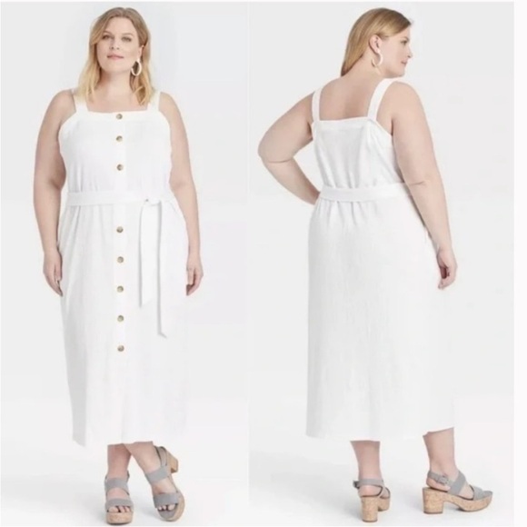 Plus Size Stretchy Sleeveless Button Front Belted Sun Midi Dress with Pockets 4X - Picture 1 of 4